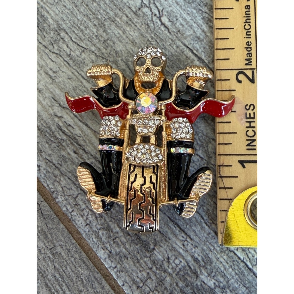 Motorcycle Brooch Gold Tone Rhinestone Biker Pin Skull Halloween skeleton gothic